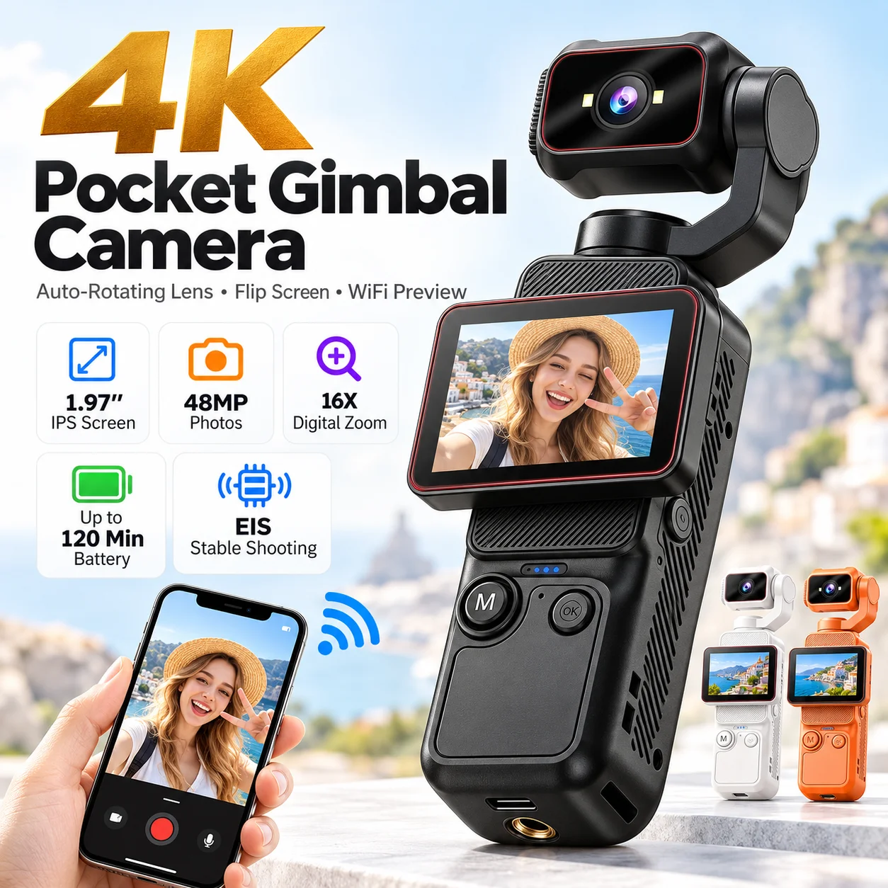 Portable 4K Video Camera For Vlogging Pocket Gimbal Camera WiFi Anti Shake Rotating Lens Travel Creator Camera With Flip Screens