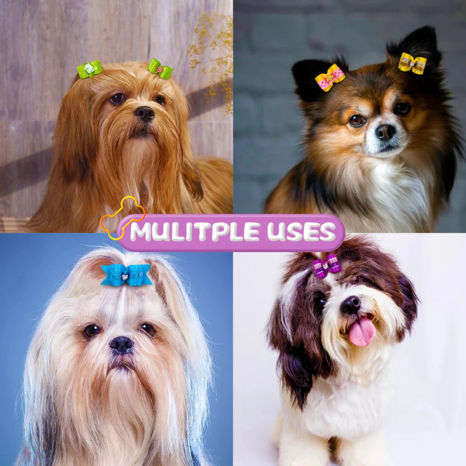 Laços de cabelo fofos para cães de estimação, 20 peças com strass e flores, laços de fita, acessório de cabelo para cães, suprimentos para animais de estimação, laços para cães em massa