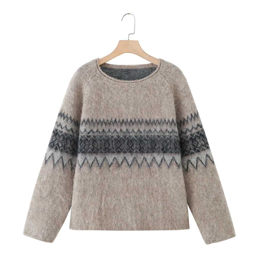 

Autumn and Winter New Women's Fashion Casual Round Neck Long Sleeve Brushing Effect Jacquard Knitted Shirt