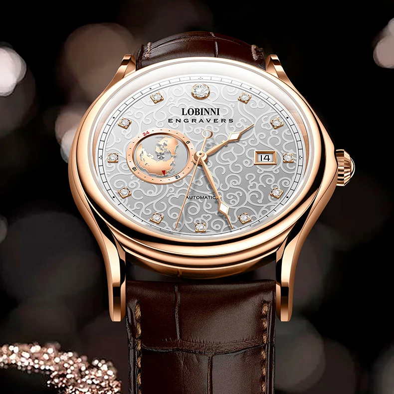 LOBINNI Orologi automatici da uomo Orologio di lusso Orologio da polso meccanico Luminoso 50M Impermeabile Zaffiro Chiusura a farfalla 24 ore Data