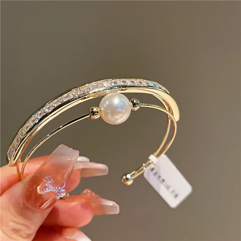 CC Vintage Bracelets Double Layer 14K Gold Color Imitation Pearl White Zirconia Open Bangle Temperament Women Accessories J664 image 5