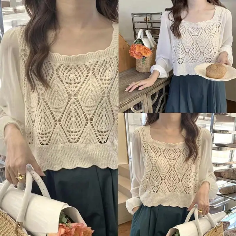

Women Crochet Geometric Pullover Shirt Puff Long Sleeve Blouse Crop Top P8DB