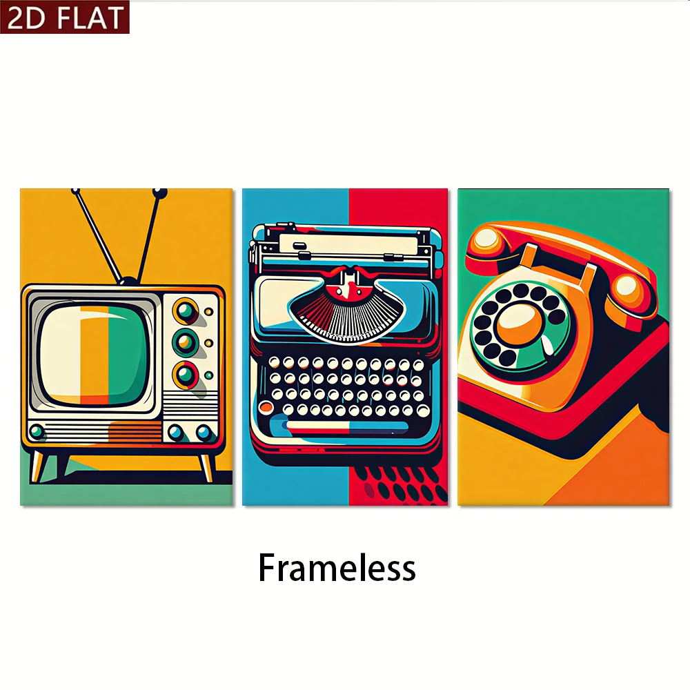 1 set of retro nostalgic TV, typewriter, telephone pattern, triple modern living room frameless decorative painting, 2D plan