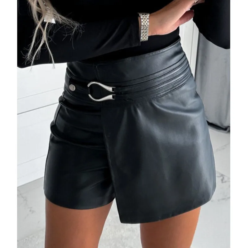 Black Pu Leather Shorts Skirts Women Buttons Asymmetrical 2024 New Short Leather Pants High Waist Pu Leather Buckled Mini Skirts