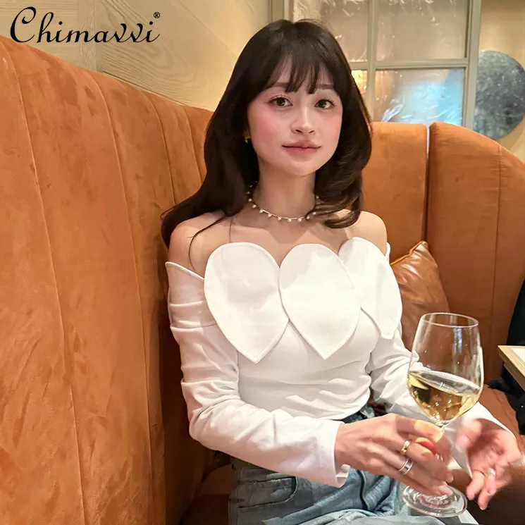 

New Japanese Stereo Petals Off-shoulder Elegance Long Sleeves Pure Cotton T-shirt Women's Fashion Swee Girls Outwear Tops