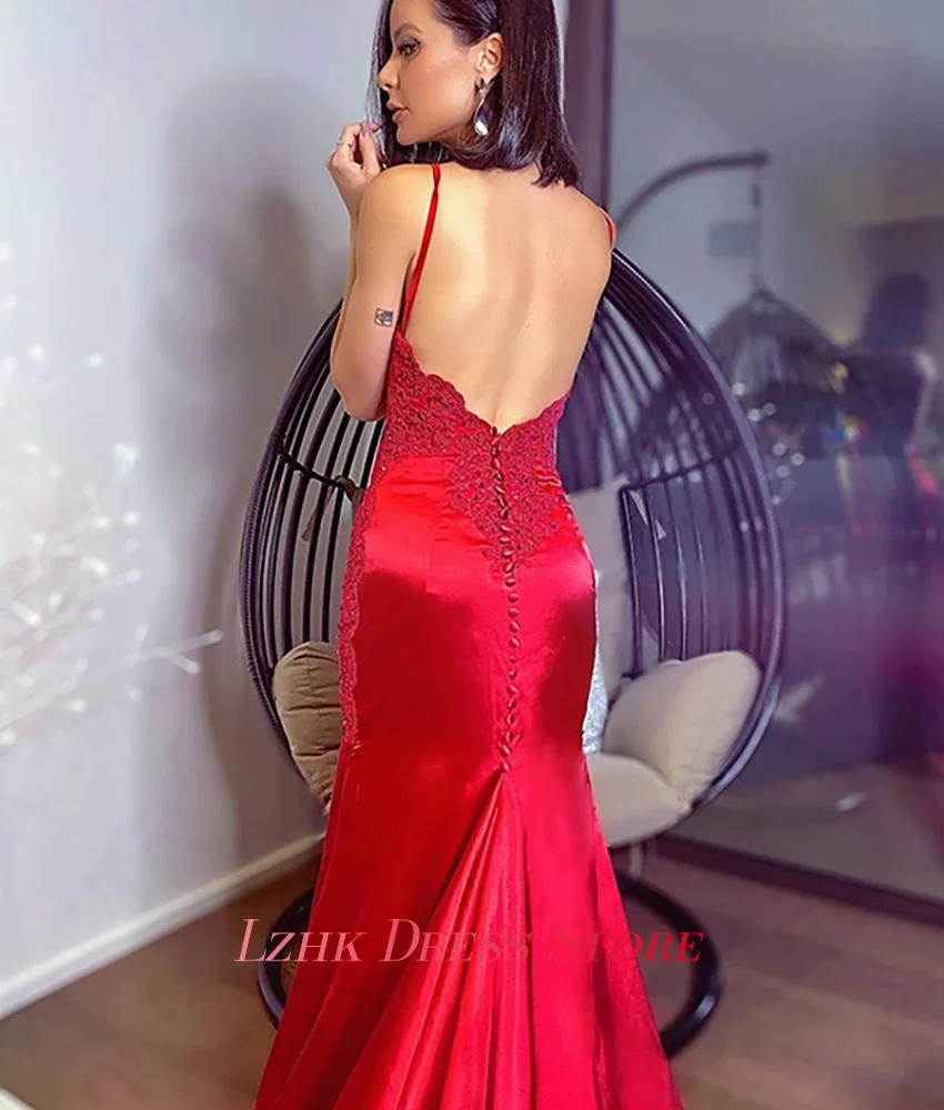 Personalizado sexy cetim sereia cintas de espaguete apliques botões de cristal vestido de noite alta qualidade querida vestidos de baile