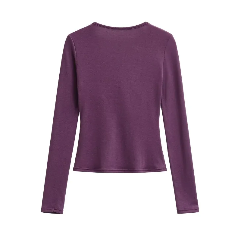 Elegant Mature Woman Twisted V-neck Long-sleeved T-shirt Women's Knitted Base Layer Slimming Form-fitting Inner Layer Top Spring