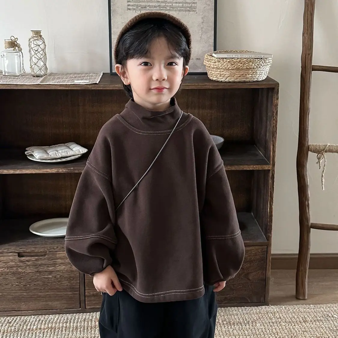 Boys Retro Brown Turtleneck Pullover Sweater Fashionable Cool Kids Autumn Winter Warm Tops Children Streetwear Clothes
