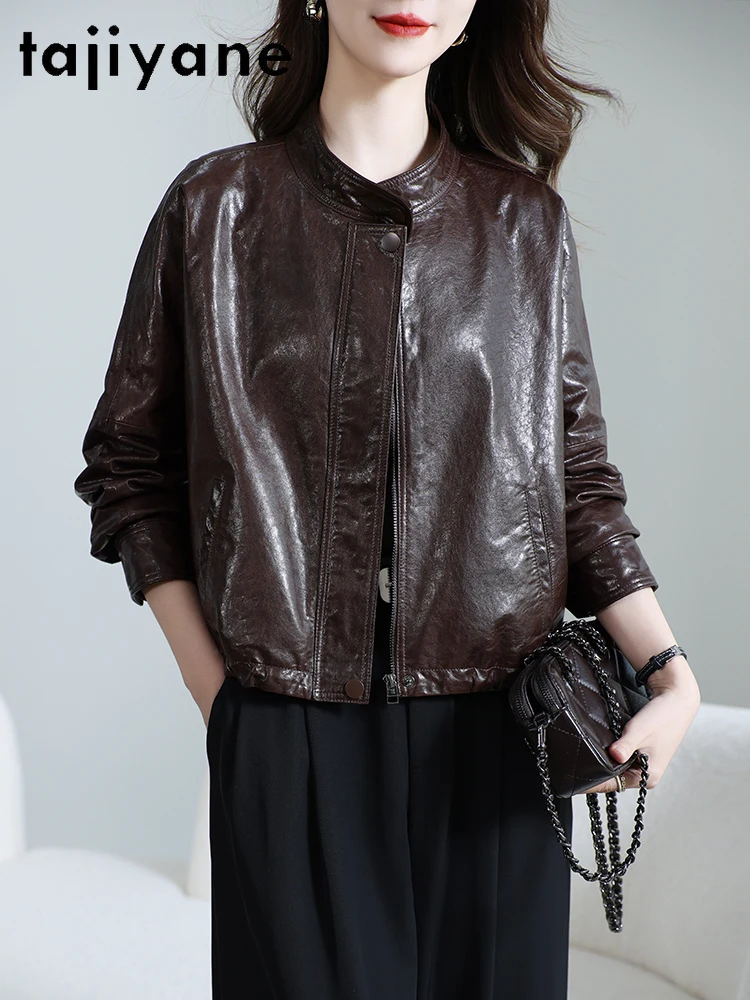 เสื้อแจ็คเก็ตหนังแกะแท้ 100% ยี่ห้อ TAJIYANE สำหรับผู้หญิง รุ่นสั้น เสื้อโค้ทหนังแท้คุณภาพพรีเมียม คอลเลคชั่นฤดูใบไม้ร่วง 2025 เสื้อผ้าผู้หญิง