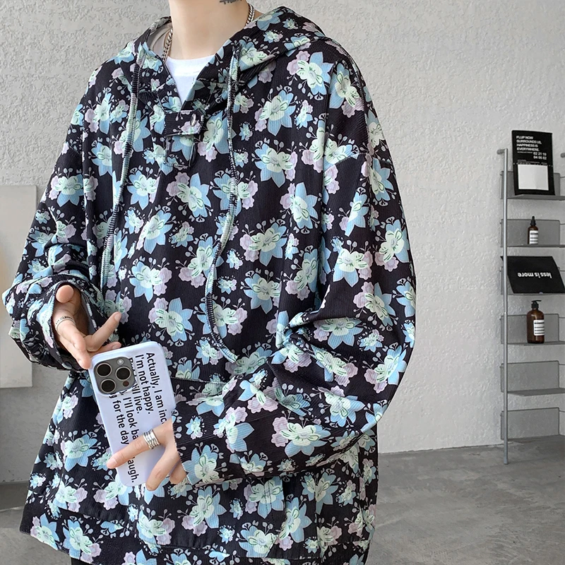Men Vintage Printed Hoodies Sweatshirt Fashion Streetwear Casual Men's Floral Loose Pullovers Pocket Hoodies Black/Khaki