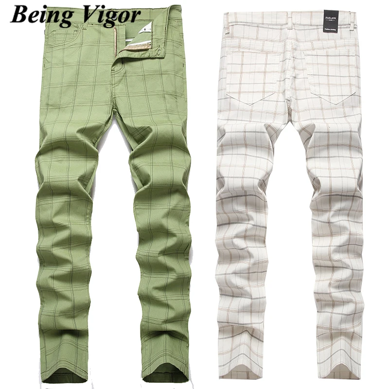 

Being Vigor Inch Size Mens Chino Pants Business Casual Slim Ankle Fit Plaid Pants Leisure Long Trousers pantalones hombre