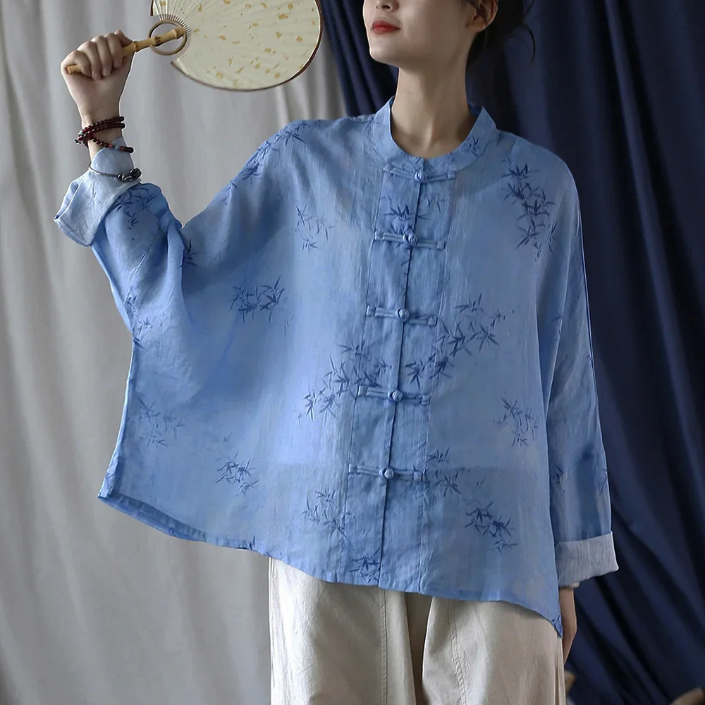 

Original Design Cotton Linen Lightweight Disc Button Cardigan Outwear Long Sleeve Retro Chinese Ramie Loose Printed Fallow Shirt