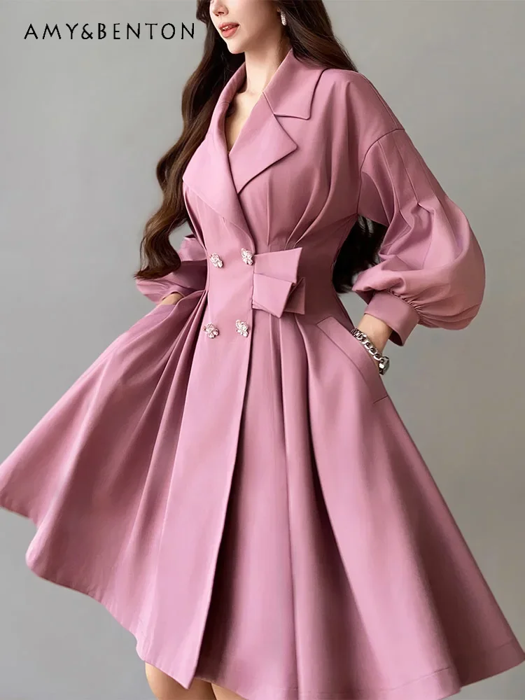 French High-end Slim Big-swing Mini Dress Autumn New Office Lady Temperament Cross-neck Puff Sleeve Short Trench Coat Women