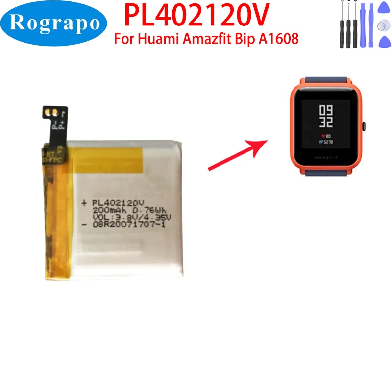 3.8V 200mAh PL402120V Original Polymer Lithium Ion Battery for Amazfit Bip A1608 + Free Tools