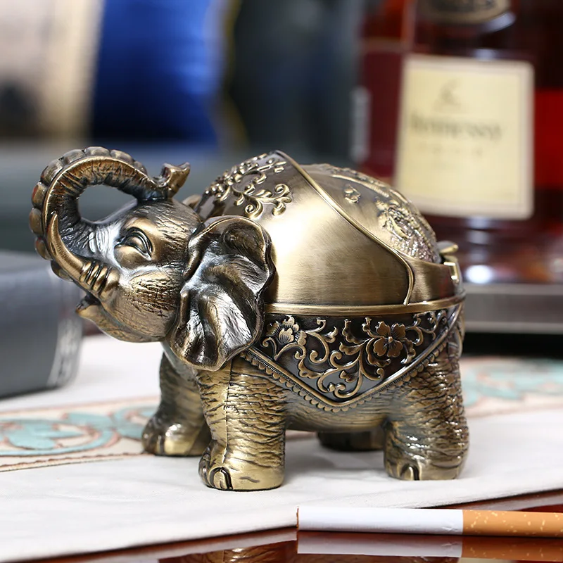 

Creative Era Texture Metal Auspicious Elephant with Cover Personalized Trend Home Living Room Office Convenient Ashtray