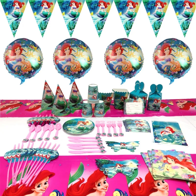 Disney The Little Mermaid Ariel Birthday Party Decorations Tableware Paper Cups Plats Napkins Balloons Baby Shower Supplies Kids