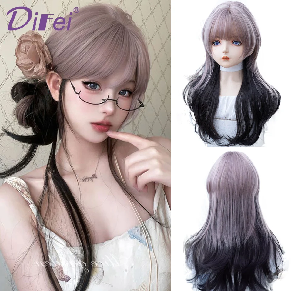 Grey Purple Spell Black Curly Hair Synthetic Wig Female Layered Two-color Lolita Natural Daily Fashion Long Curly Hair Wig