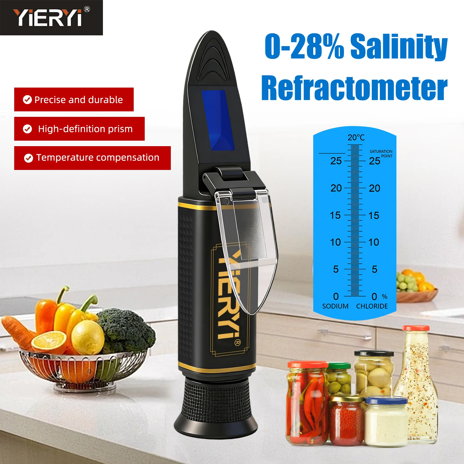 Yieryi 0-28% Salinity Refractometer Handheld High Precision Salt Meter with ATC for Brine Pickling Food Processing Aquaculture