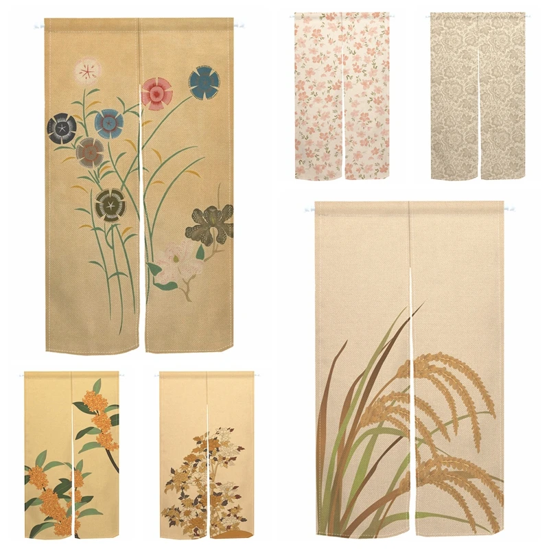 Japanese Noren Door Curtains Floral Plant Restruant Bedroom Partition Linen Doorway Curtain Kitchen Entrance Velcro Half Curtain