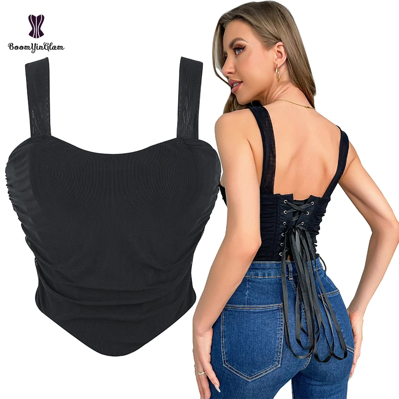 

S-xxxL Strapless Backless Shapewear Summer Fashion Wearing Mesh Bustier 8 Plastic Boned Lace Up Ruched Hem Strap Corset Crop Top