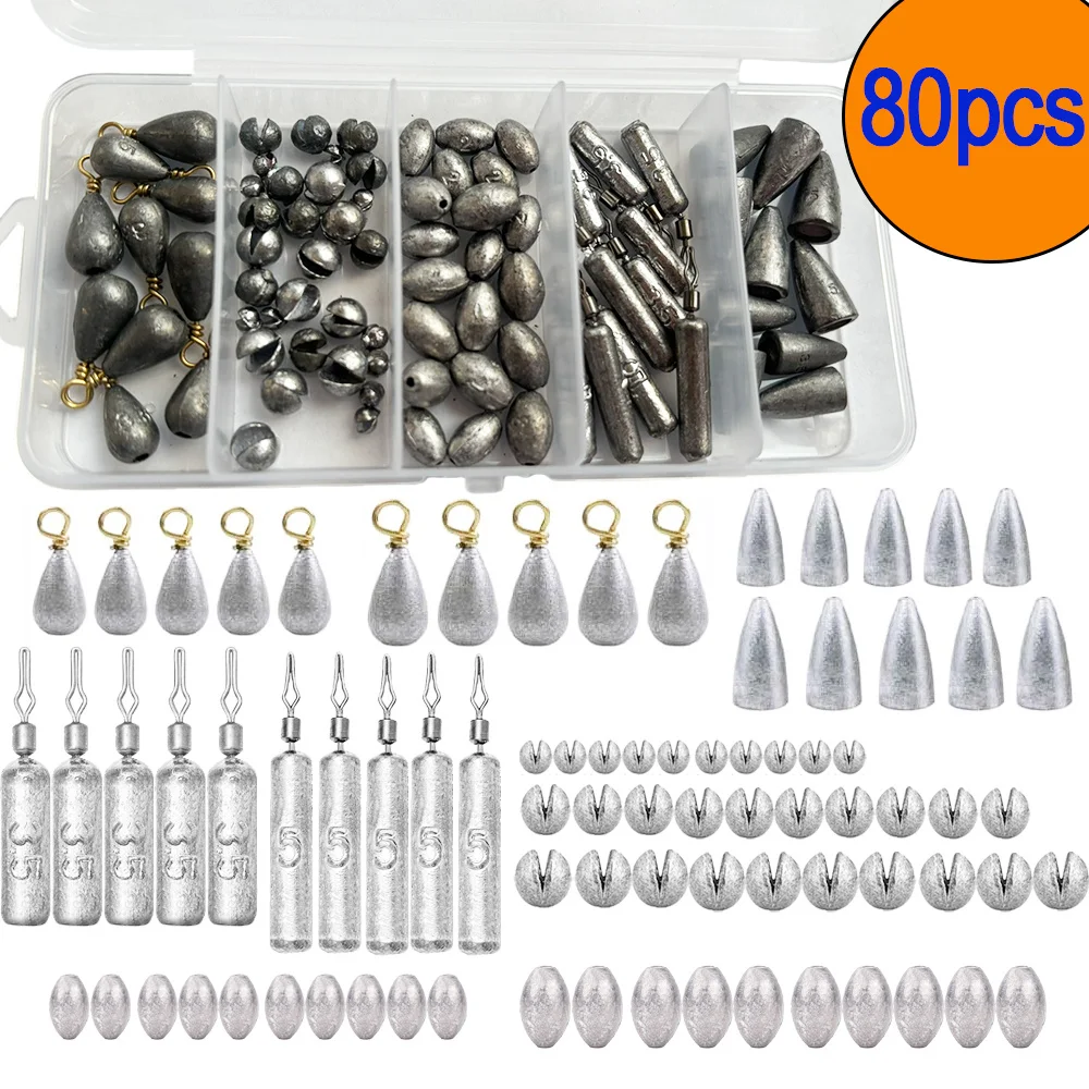80Pcs Angeln Gewichte Platinen Kit 0,3g 1,2g 2g 3g 3,5g 5g wasser Tropfen Gewichte Kugel Ei Split Drop Shot Angeln Locken Blei Platinen