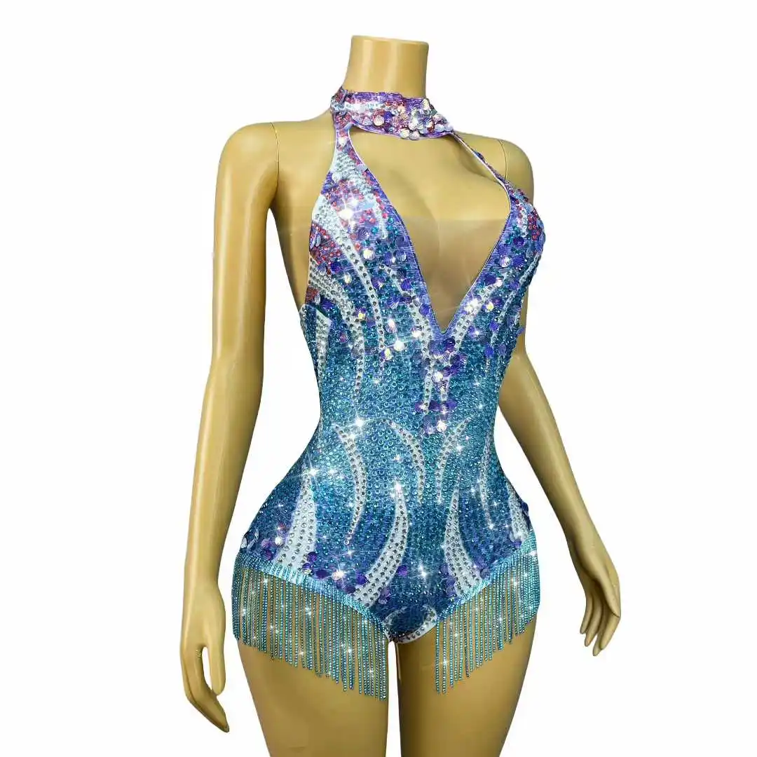 Sexy Twinkling Seashell Sequins Crystals Chains V-neck Bodysuit Women Blingbling Performance Fashion Show Photoshoot Stage Wear