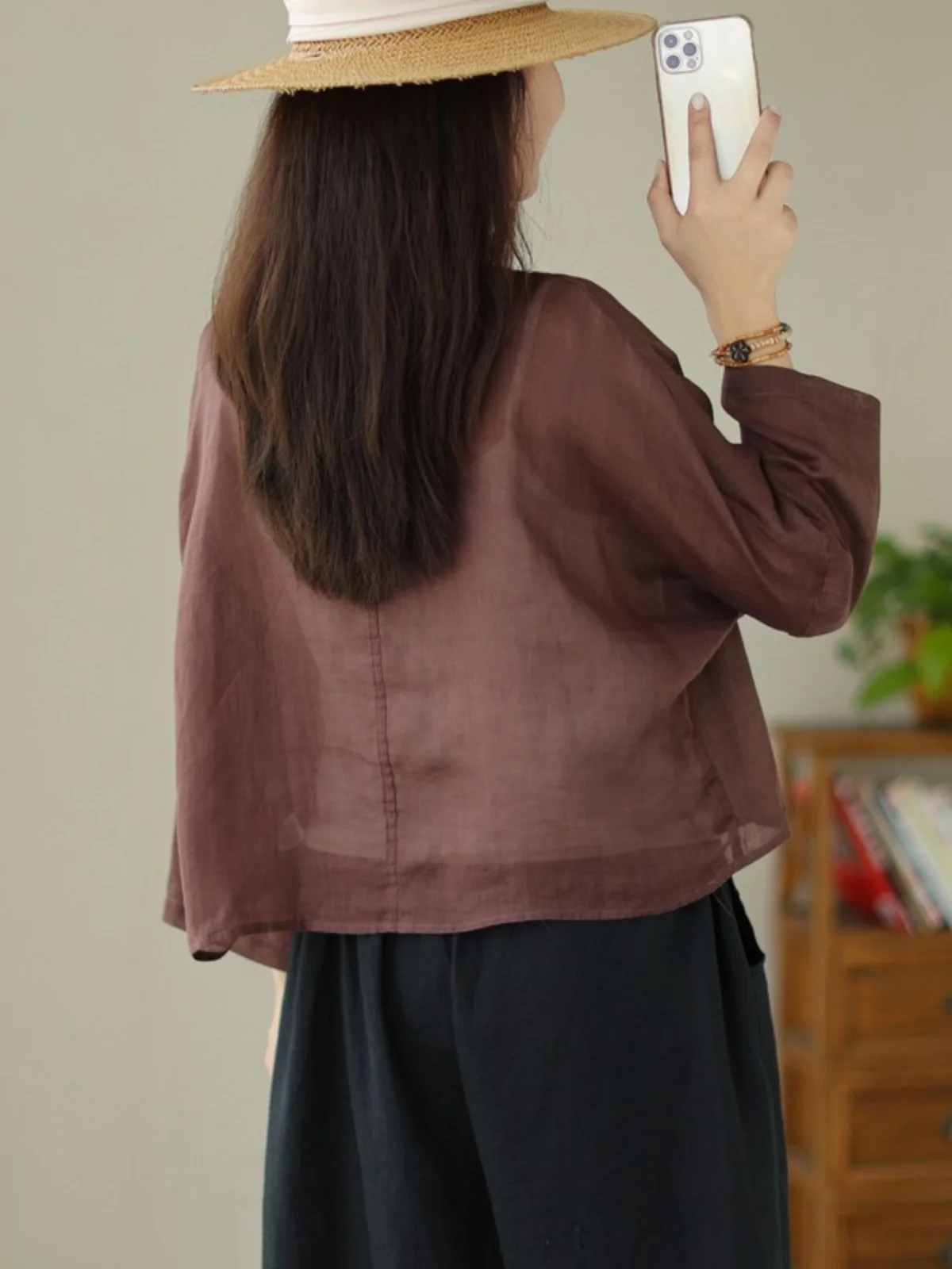 سترة نسائية طويلة للحماية من الشمس من مزيج القطن والكتان مفتوحة من الأمام irt V Ne Retro Sle Commute Faion