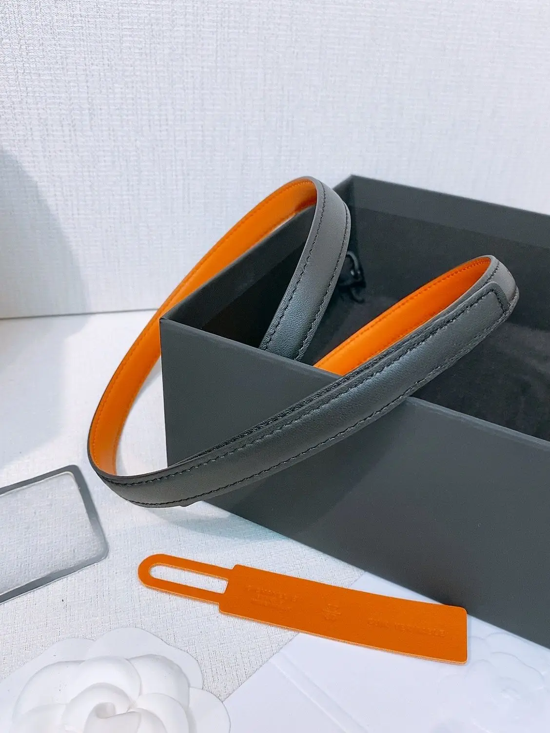 Unisex Reversible Black & Orange Smooth Leather Belt Strap Without Buckle Double Sided Cowhide Waist Belt Replacement Band