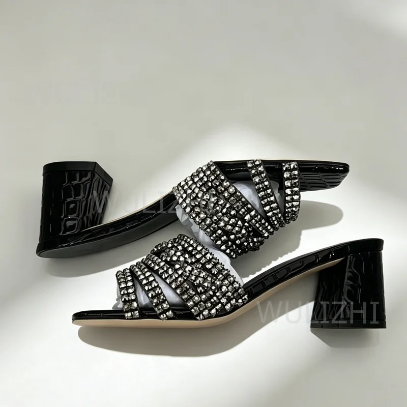 Gladiator Roman Sandals Black Crocodile Pattern Silver Diamond Chunky Heel Square Toe Open Low Heels Women Red Crystal Gold Shoe