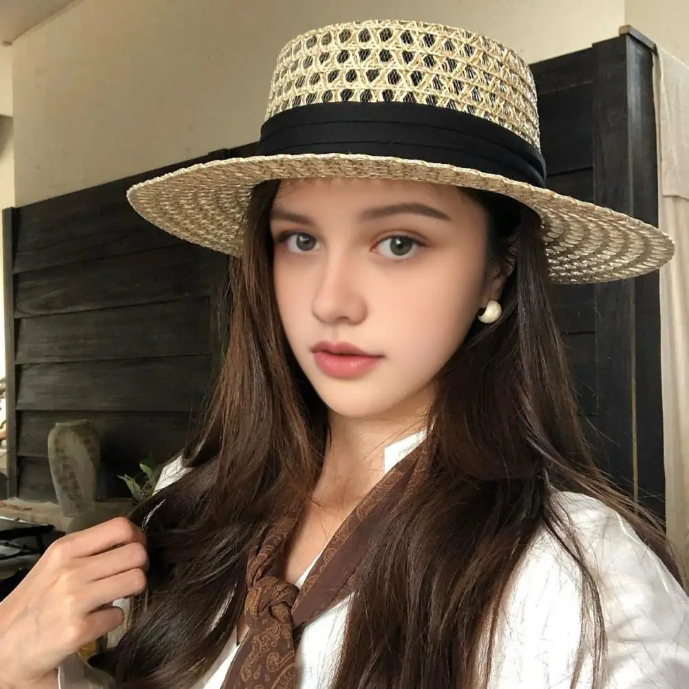 Packable Vacation Hat Women Straw Hat with Satin Ribbon Wide Brim Breathable Sun Hat Summer Beach Vacation Flat Top for Women