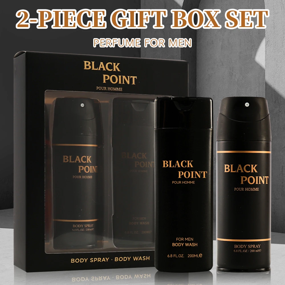 Coffret de parfum pour le corps pour hommes, spray et nettoyant pour le corps, brume 6.8 FL.OZ, nettoyant pour le corps 6,8FL. OZ, point noir, ensemble de 2 pièces, longue durée