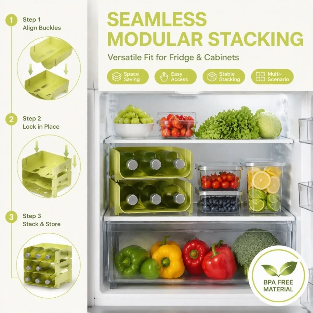 2PCS Durable PP Can Organizer Layered Structure Green Drink Storage Holder Cabinet Fit Beverage Rack Refrigerator