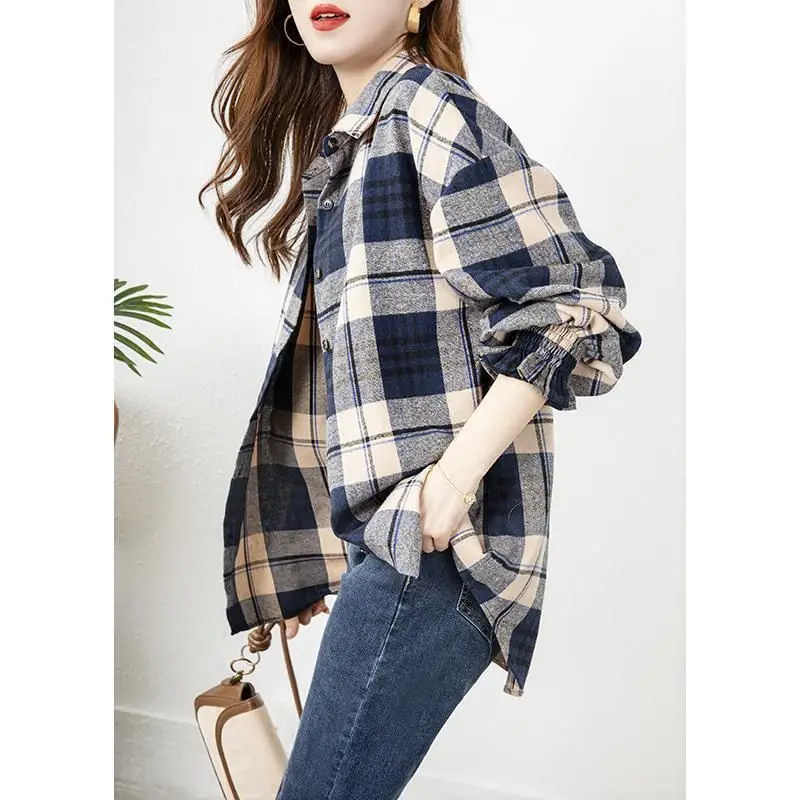 Fashion Lapel Button Long Sleeve Printed Plaid Shirts Women Clothing 2024 Autumn Winter New Loose All-match Tops Casual Blouses