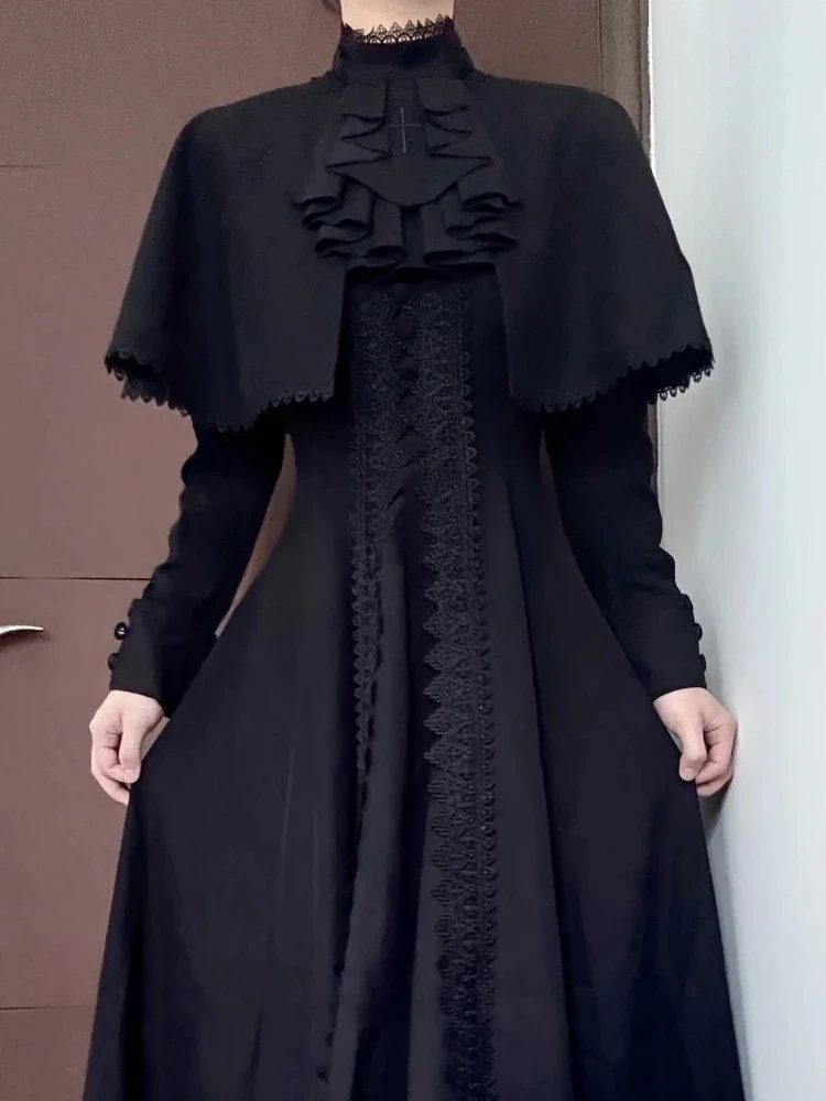 

Gothic Dark Academia Y2k Slim Dress Sets Women Chic Lace Shawl + Long Dresses New Fashion Vintage Autumn New Two Piece Set 2025