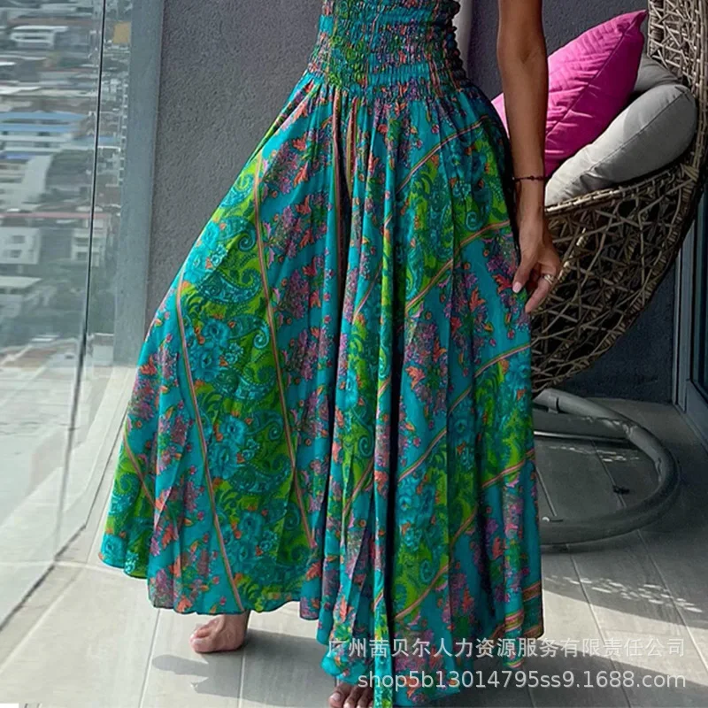 Tribal Paisley Print Shirred High Waist Wide Leg Pants Women Flower Floral Summer Loose Pants Trousers