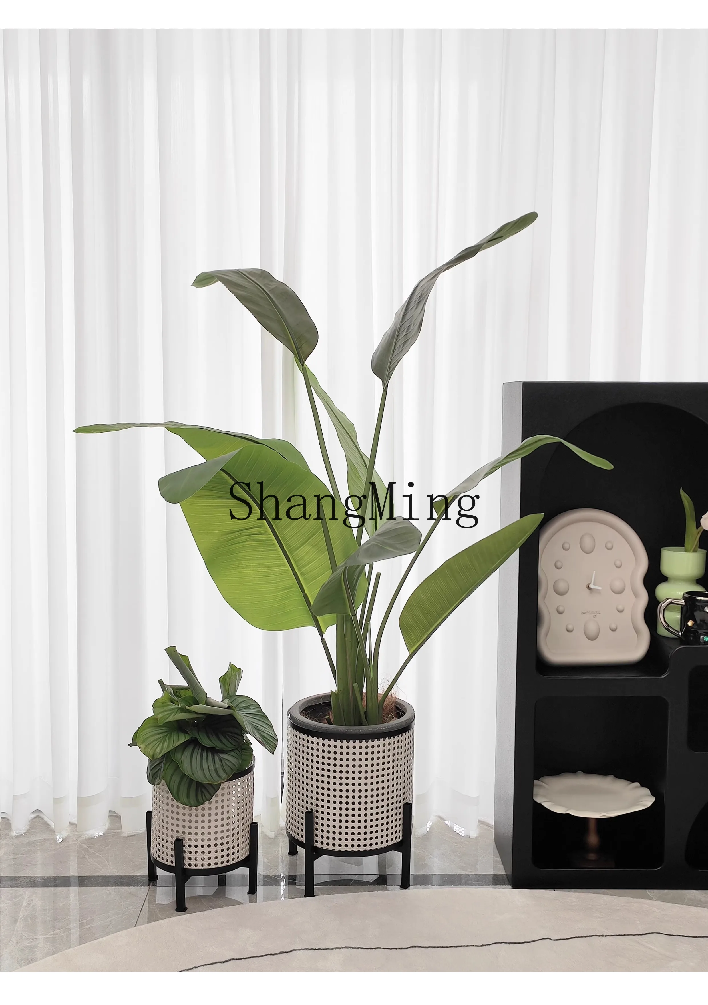 

FG cream wind living room flower stand imitation rattan retro indoor floor flower pot stand potted flower stand