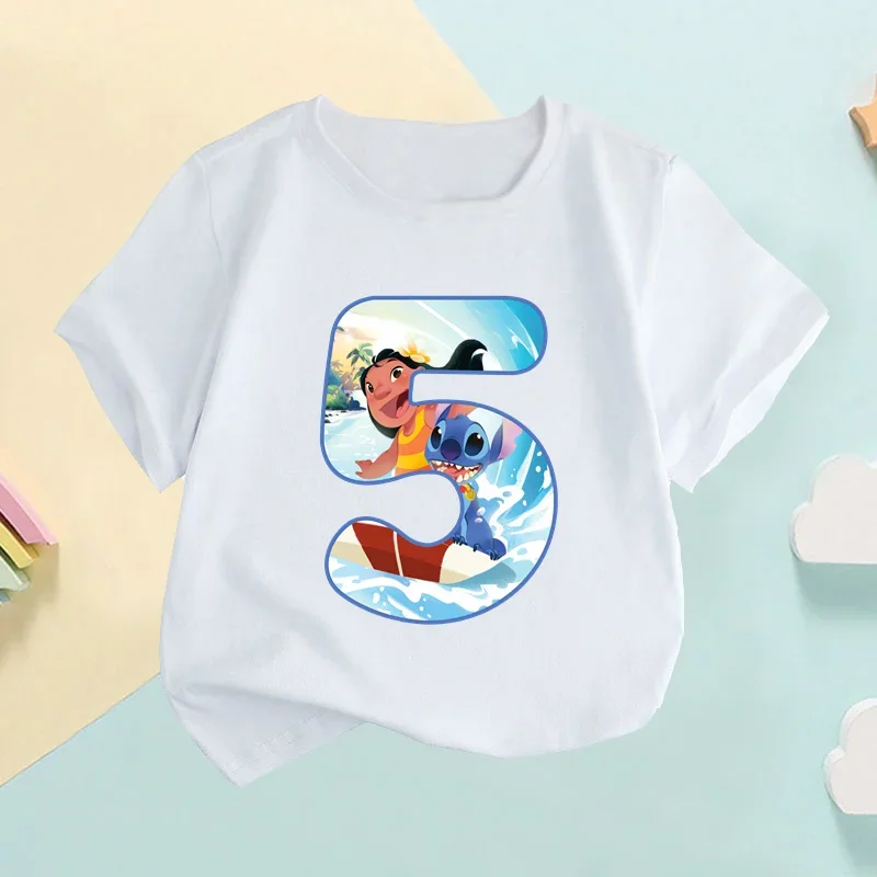 Lilo & Stitch Number Bow Print Cartoon Kids T shirt Girls Clothes 1 2 3 4 5 6 7 8 9 Years Birthday Baby Boys T-Shirts,HKP2676