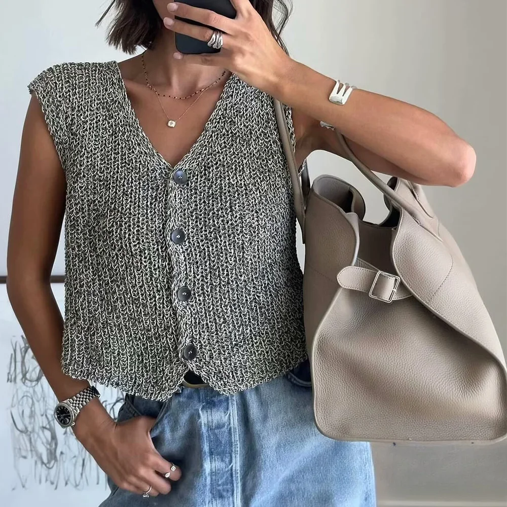 

KONDALA Fashion 2025 Spring Autumn Gray Solid Women Knit Vest Button V-neck Vest Tops Casual Office Date Communter Party Vest