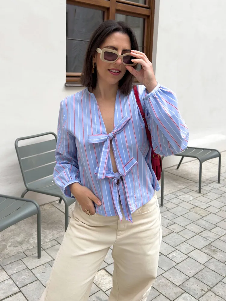 

PB & ZA 2025: повседневная универсальная короткая свободная рубашка с длинными рукавами и контрастными полосками, новая летняя женская одежда