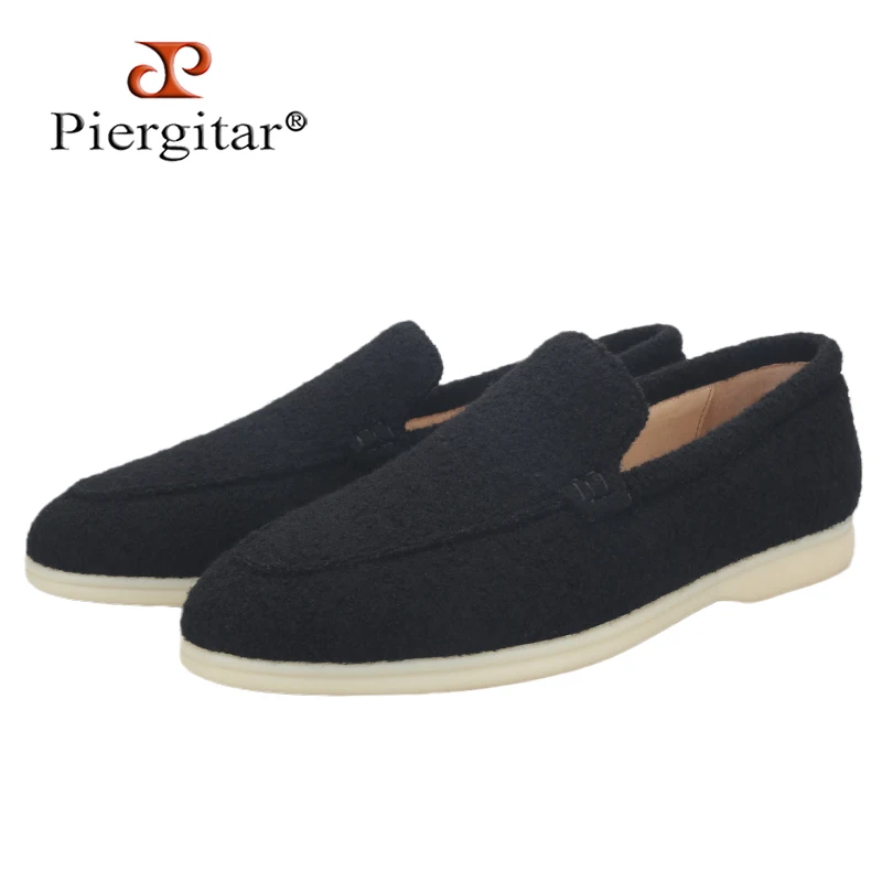 Piergitar Autumn And Winter Style Handmade Black Wool Summber Walk Series British Classic Design Slip-On Men's Casual Shoes