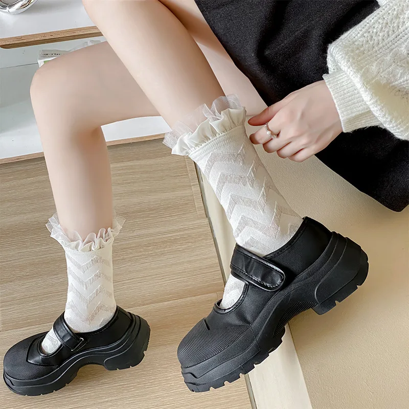 Spring Summer Cotton JK Lace Mid-Tube Insoles, French Sweet Style Organza Inserts with Wood Ear Trim Pearls