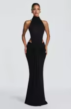 Backless Maxi Dress Halter High Neck Cutout Ruched Mermaid - Black