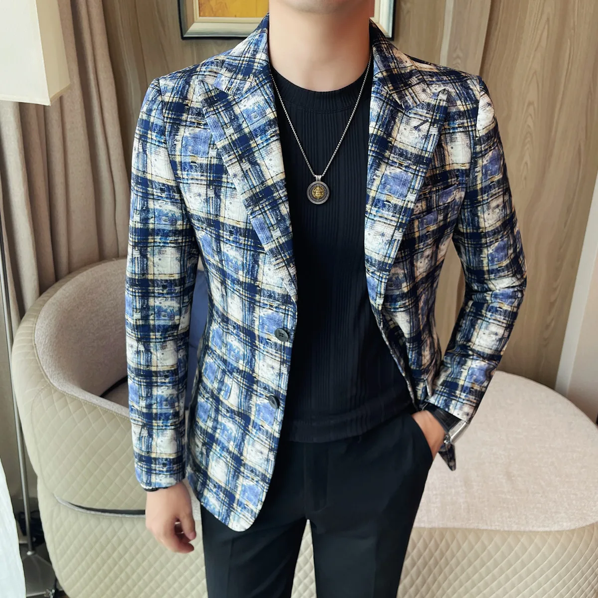 

Blazer Jacket Men Clothing 2025 Autumn Winter New Korean Luxury Plaid Men's Blazers Jacket Slim Fit Two Buttons Casual Suit Coat