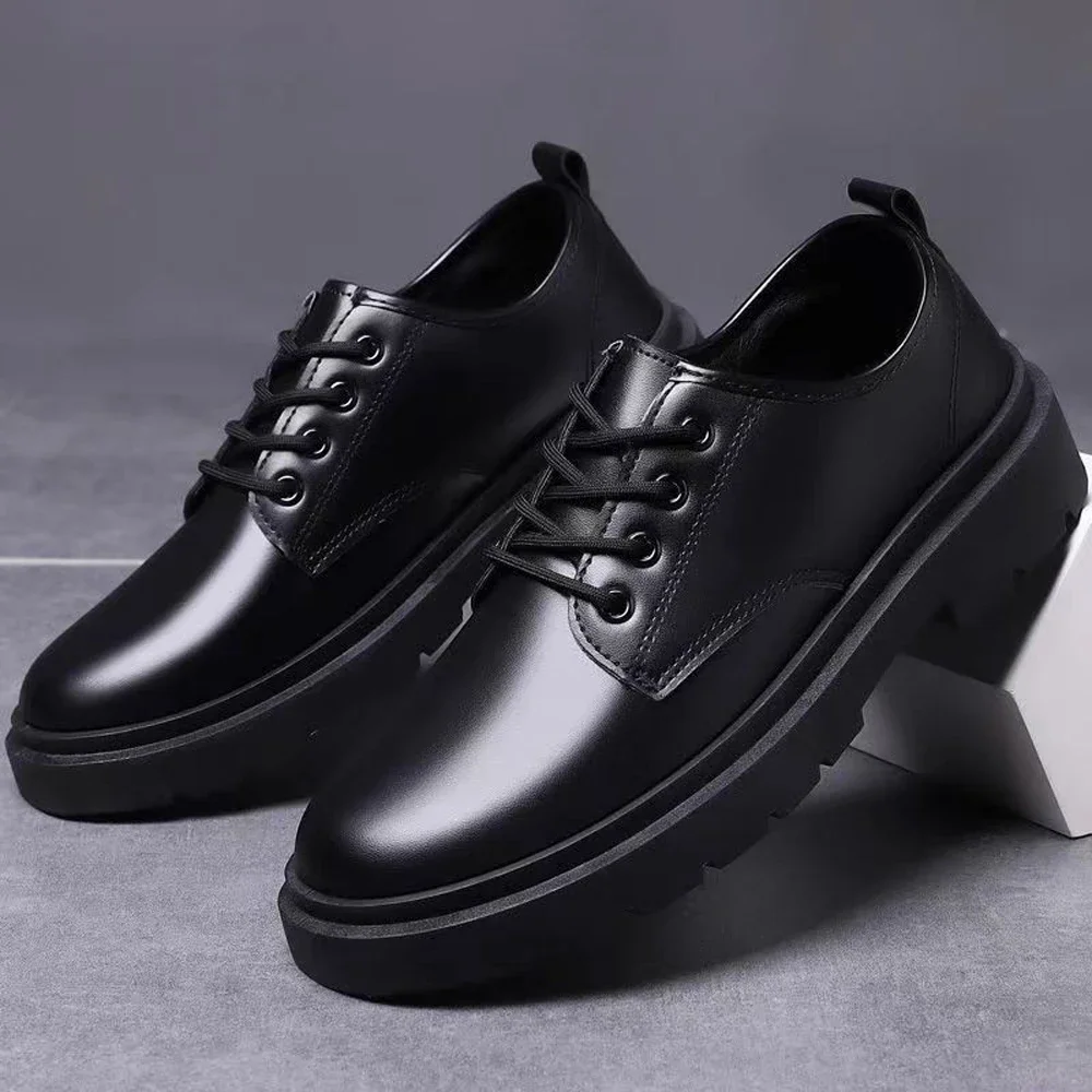 Leather Shoes Men Business Formal Casual Shoes Students Thick Bottom Lace Up Round Head Non-slip Comfortable Outdoor Shoes