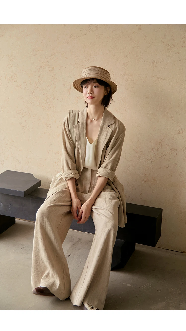 Pure 100% Linen Women's Suit Khaki Temperament Women's Outdoor Leisure Fashion Comfortable Loose Large Size High-end Clothing