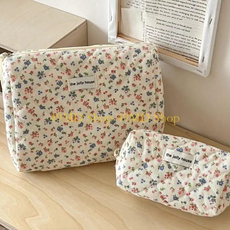49MD Stylish Corduroy Cosmetic Bag Floral Pattern Roomy Travel Essential Accessory