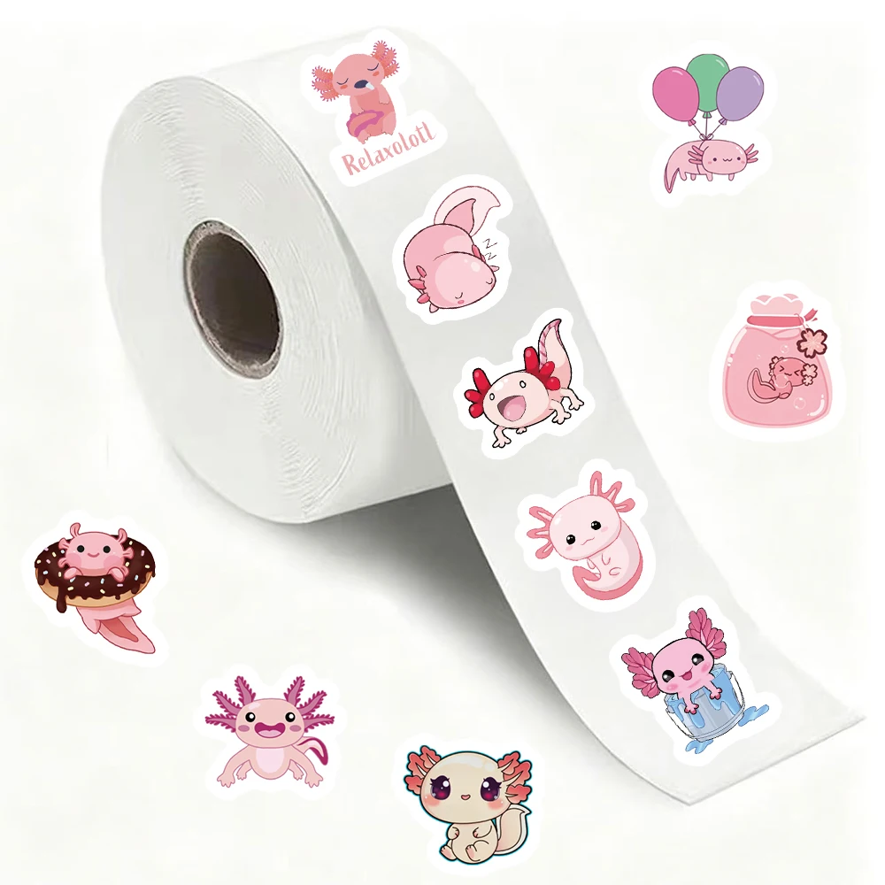 500PCS Pink Cute Salamander Roll Stickers, 10 Pattern Styles, Decorate Guitar, Computer, Skateboard, Waterproof Stickers