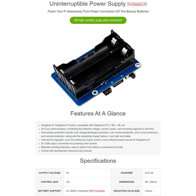 AK51-Waveshare 5V Uninterruptible Power Supply UPS Module HAT Kit For RPI Raspberry Pi 3 3B Plus 4 Model B 4B EU Plug