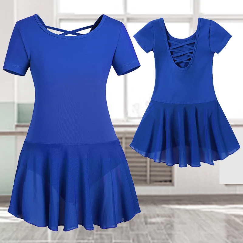 Girls Basic Short Sleeve Ballet Dress Dance Leotards for Girl Gymnastics Dance Skirts with Cross Back Straps and Soft Crotch