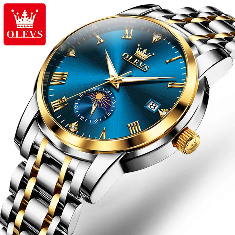 OELVS Luxury Brands Stainless Steel Men's Watch Moon Phase Auto Date Clock Waterproof business Male Wrist Watches